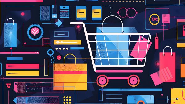 Colourful shopping cart and ecommerce icons representing best hosting for ecommerce article on Host Easy (Australian web hosting)