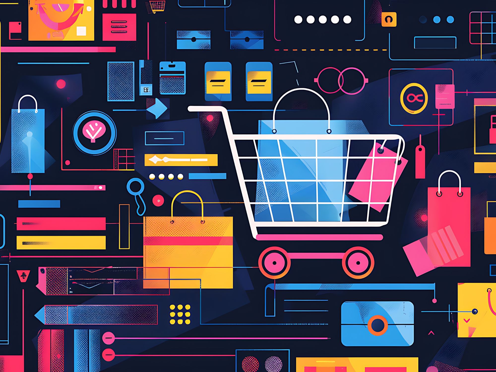 Colourful shopping cart and ecommerce icons representing best hosting for ecommerce article on Host Easy (Australian web hosting)